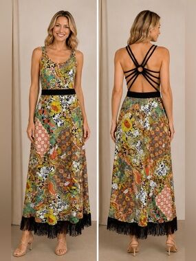 Boho Maxi Dress Festival Resort Summer Beaded Sequined Floral Fringe Paisley XL